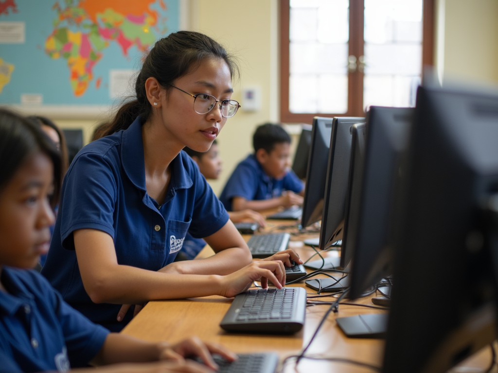 Volunteer setting up school computers.