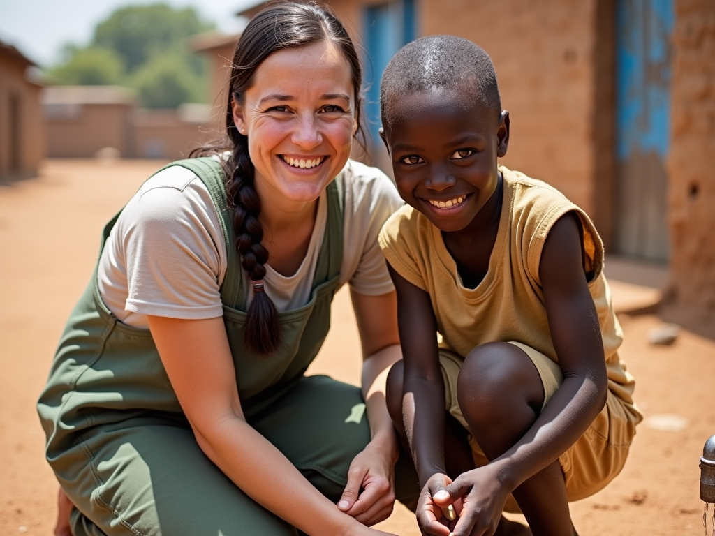 Volunteer and child at a new water well