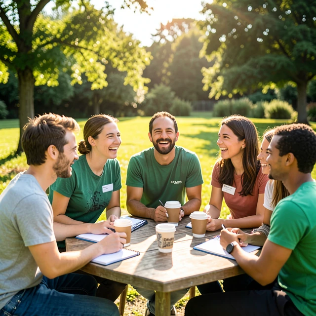 Volunteers in a supportive group discussion, demonstrating prevention strategies like regular check-ins and community building