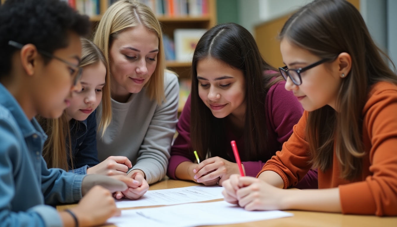 A group of students and a teacher reviewing a service learning project proposal.