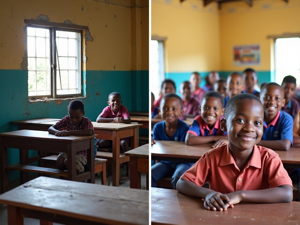 Before and after of a school renovation project by an NGO