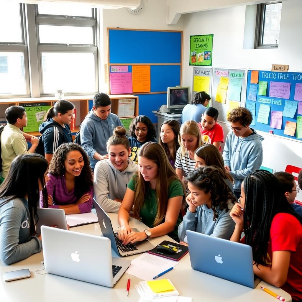High school students working together on a service learning project in a bright classroom.