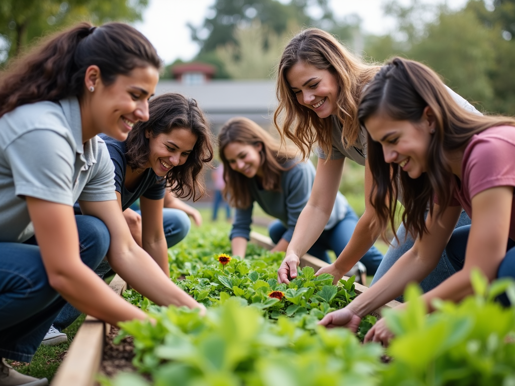 Stanford students and local residents building a community garden together.