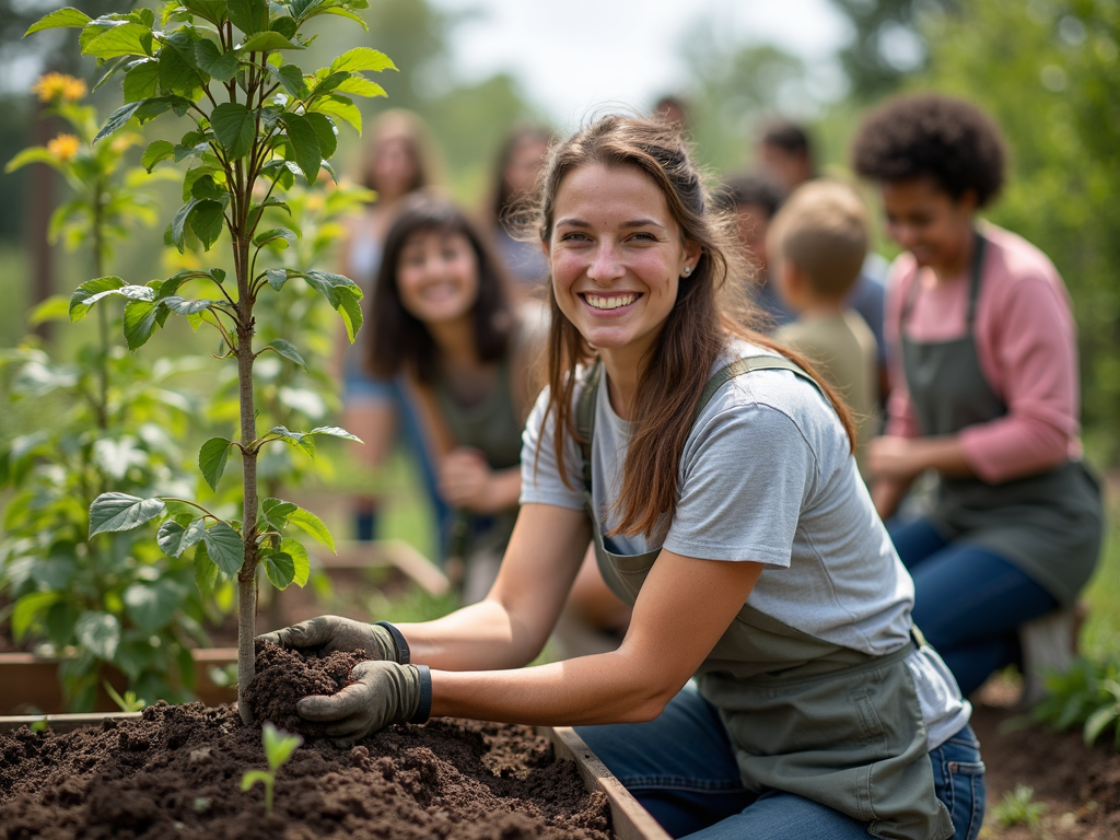 Volunteers working together at a community garden.
