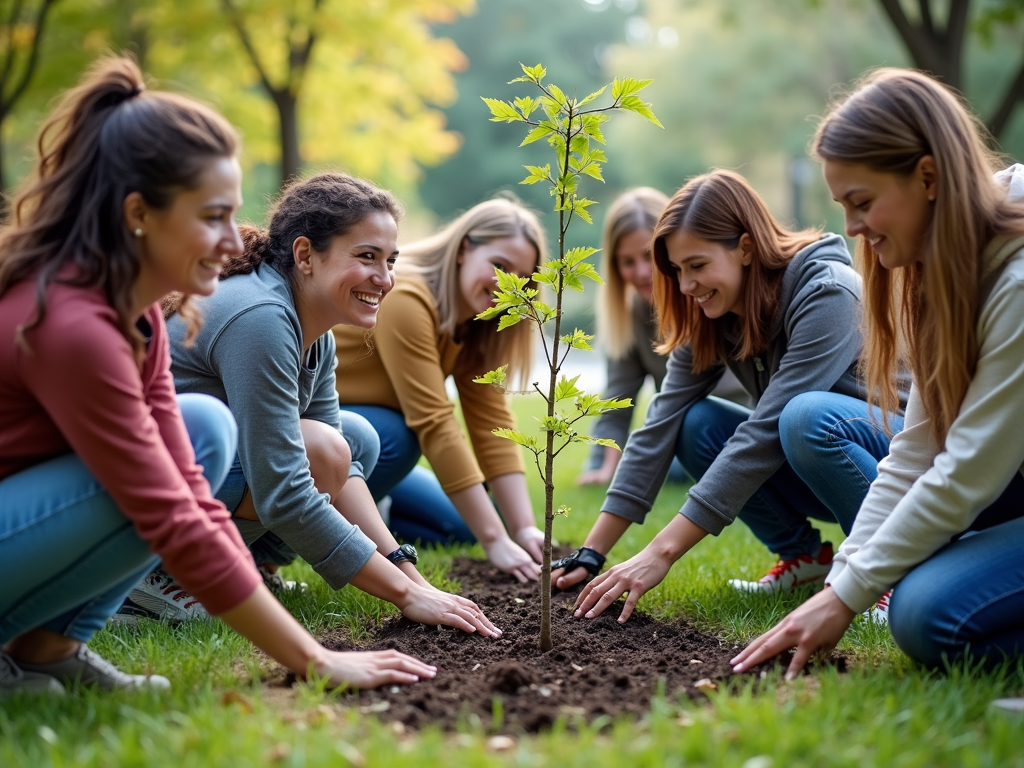 College students and community volunteers planting trees together in a service learning project.