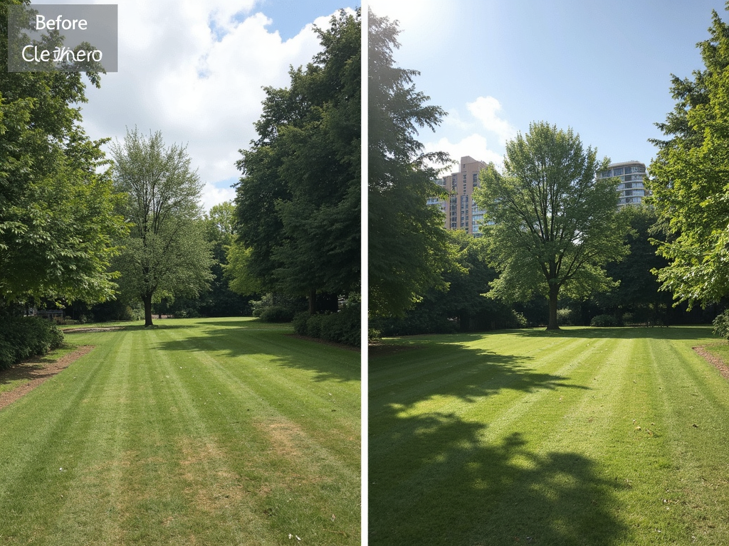Two side-by-side shots: the park before, with overgrown weeds and litter, and after, with neat paths, benches, and blooming flowers.