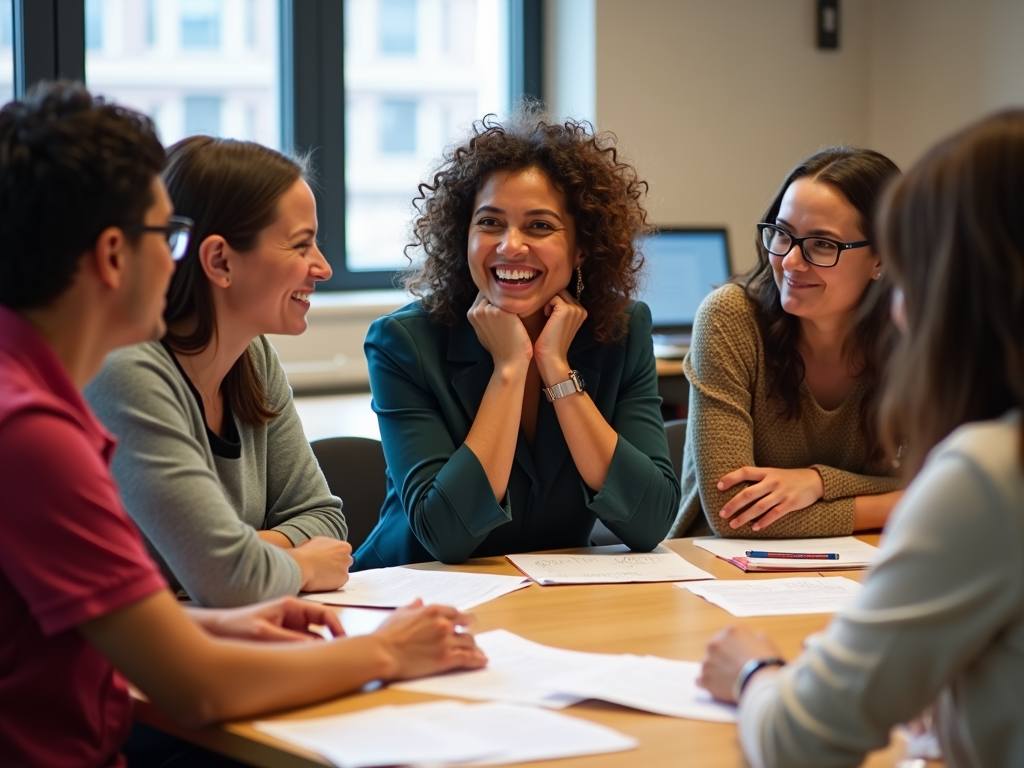 A diverse group of volunteers discussing strategies at a training workshop.