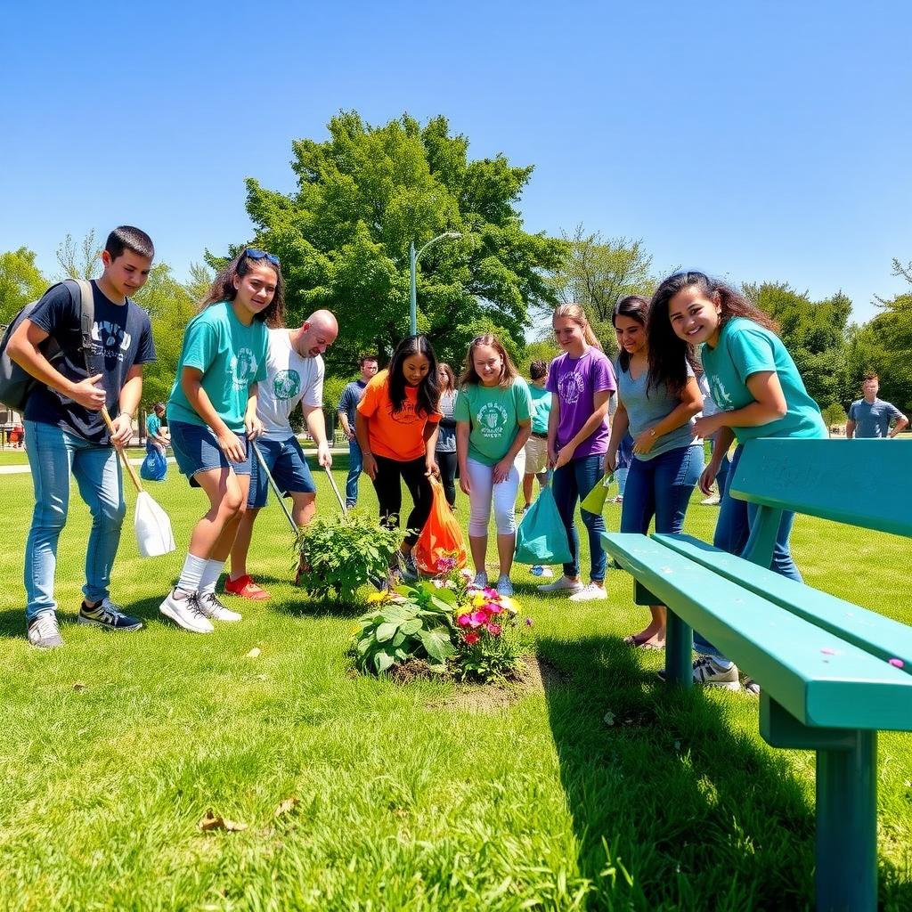 Volunteers cleaning and beautifying a community park on a sunny day.