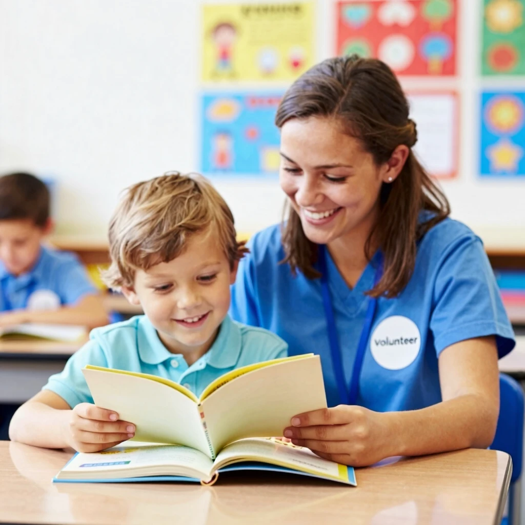 Volunteer assisting a child with reading in a classroom