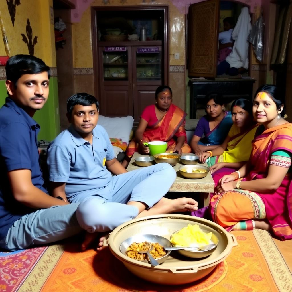 Volunteer dining with Indian family