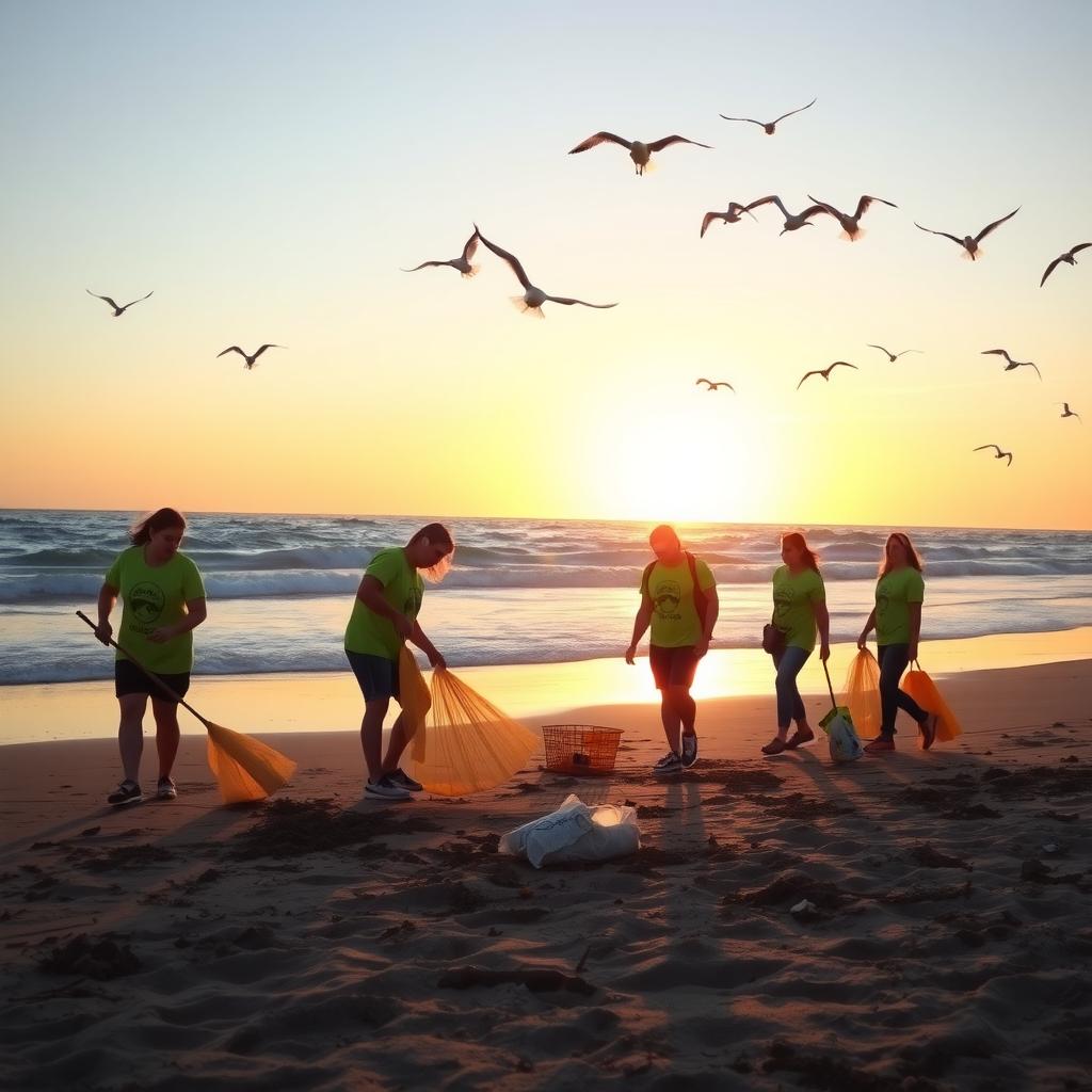 Volunteers cleaning a beach at sunset, collecting trash with waves in the background.