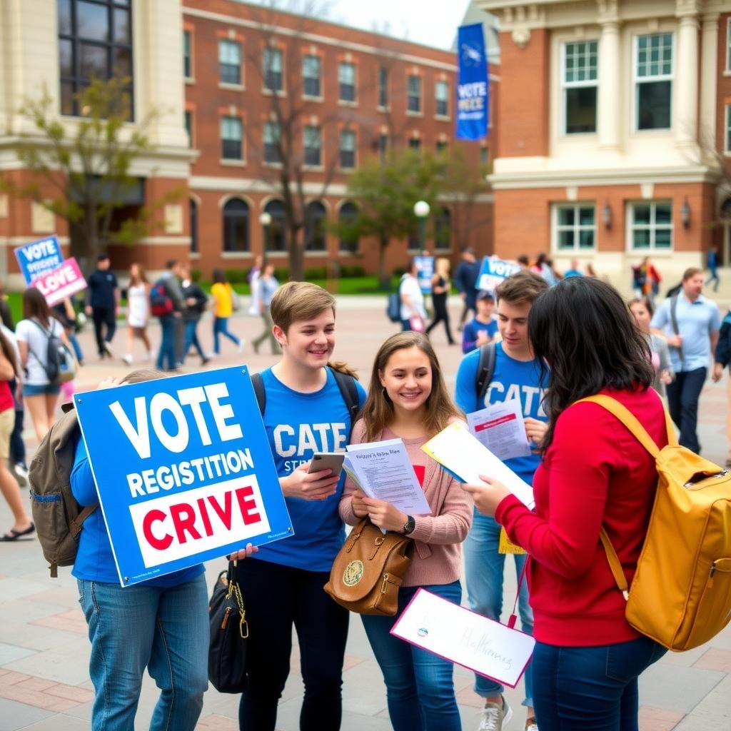 College students running a voter registration drive on a lively campus quad.