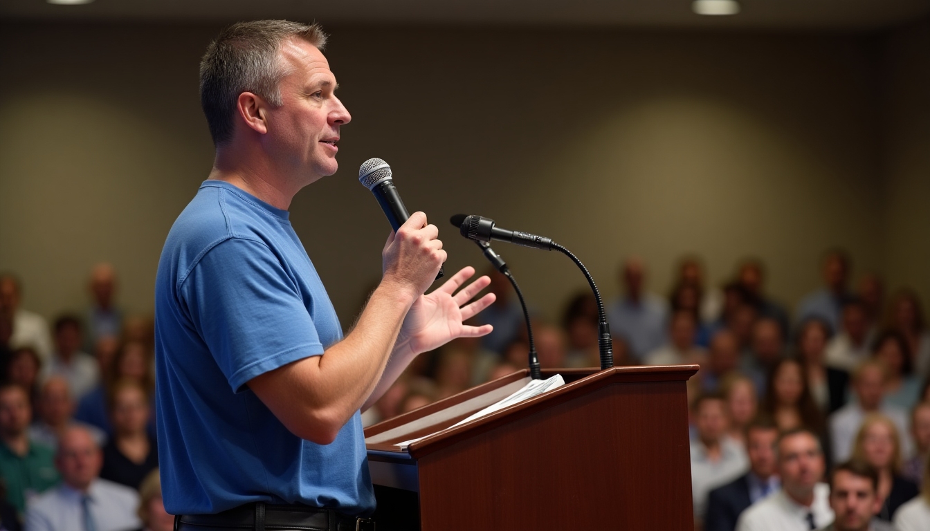 Volunteer advocating for a cause in front of an audience.