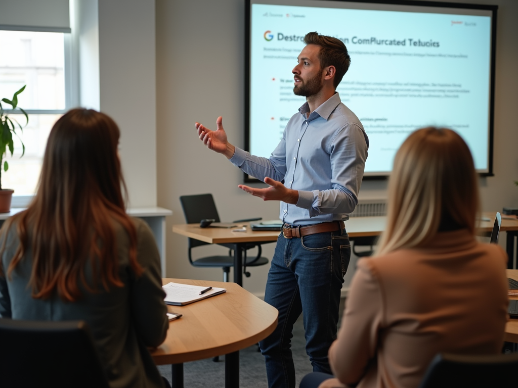 A trainer demonstrating effective communication techniques to a group of eager volunteers.