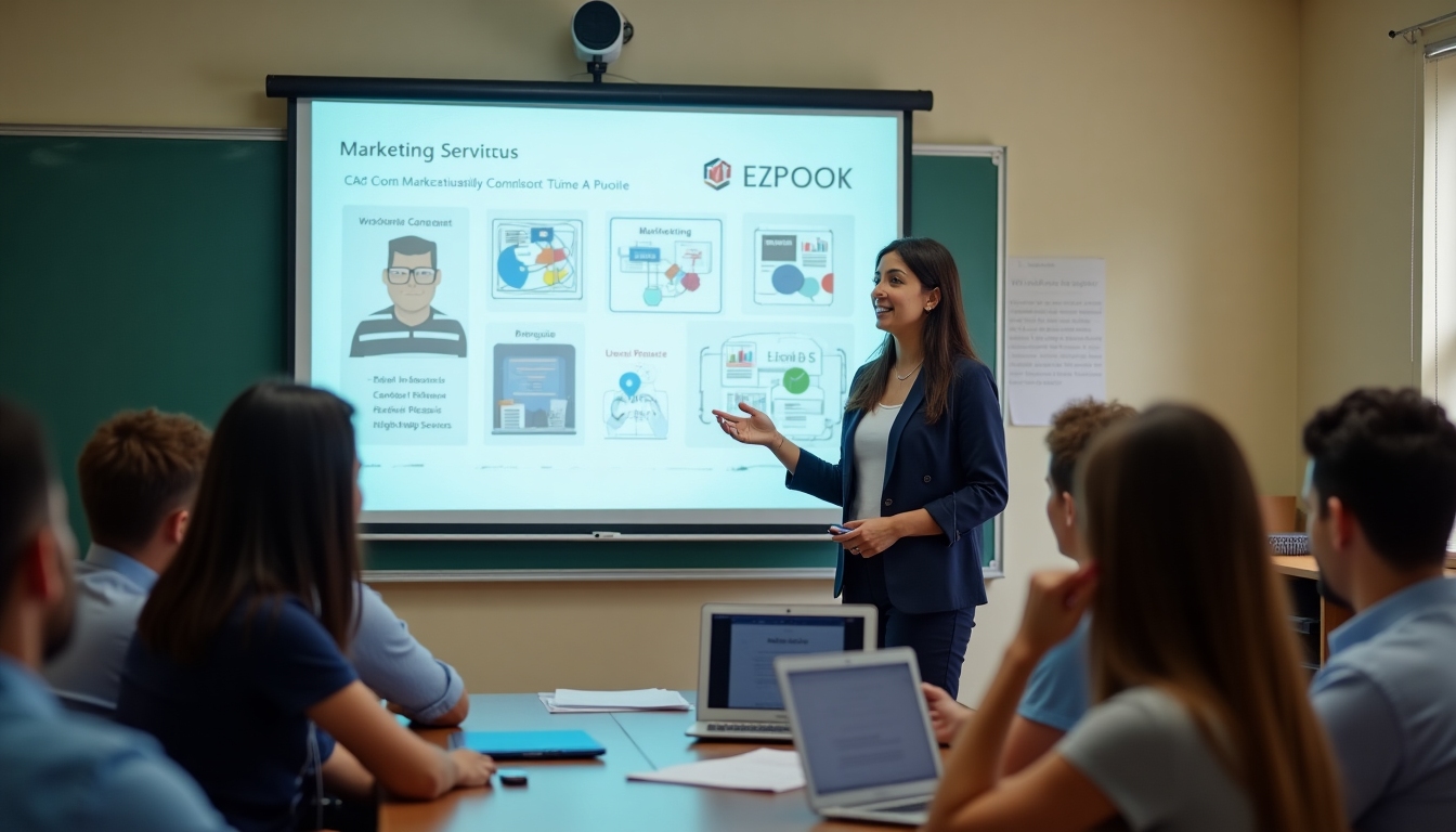 Volunteer conducting a digital marketing workshop for school staff.