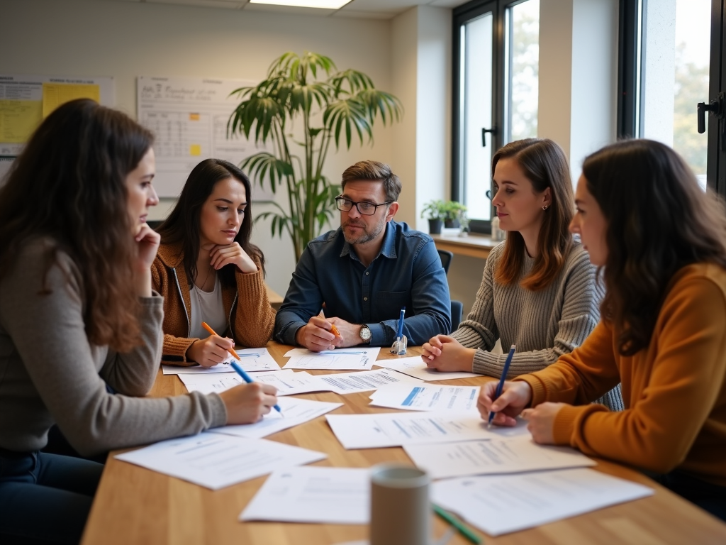 Volunteers working together on financial tasks