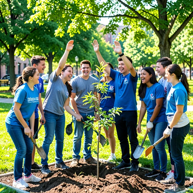 Teen volunteers planting trees during a service learning project