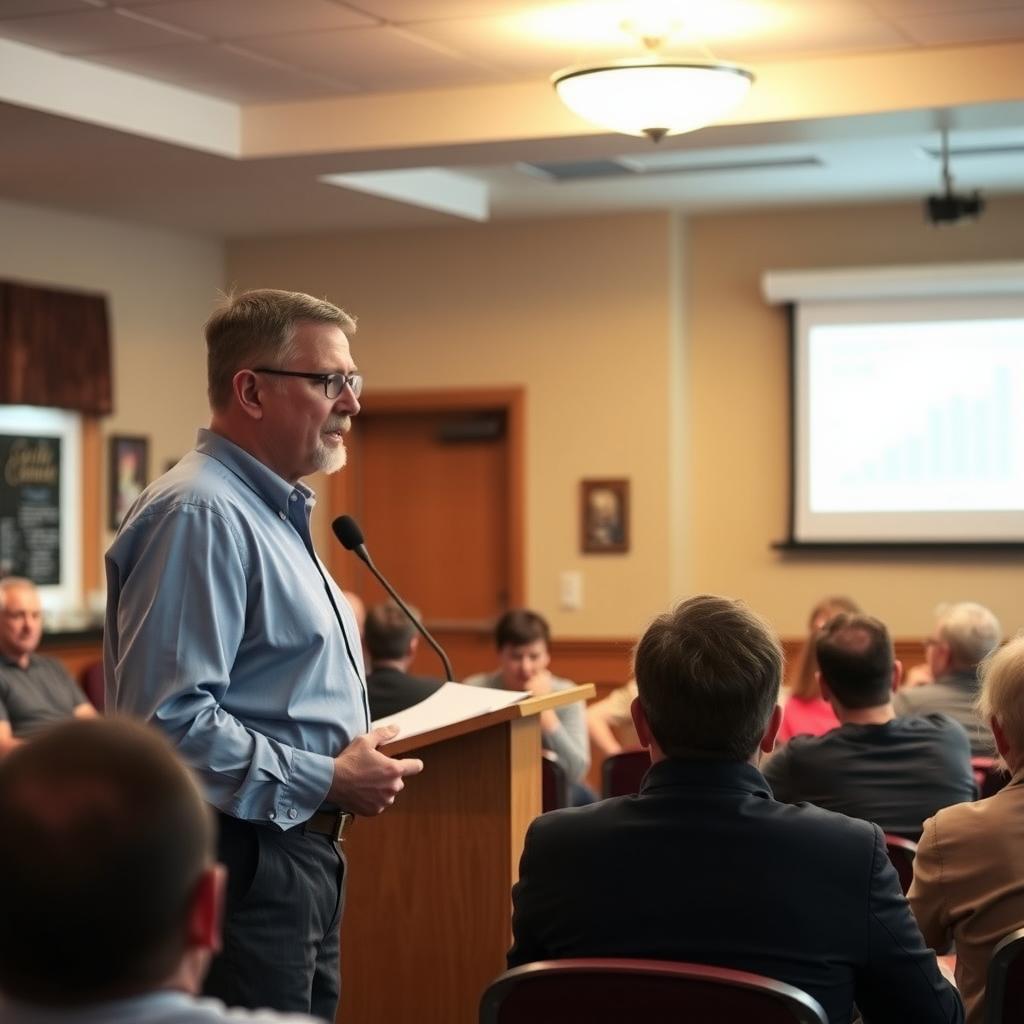 Volunteer advocate speaking at a community meeting with a graph on a projector screen.