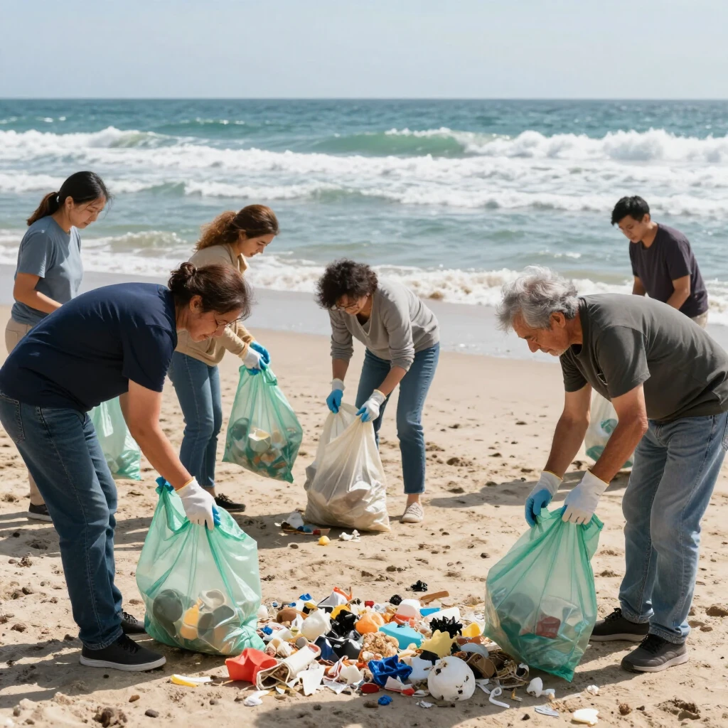 Community members cleaning up a beach shoreline
