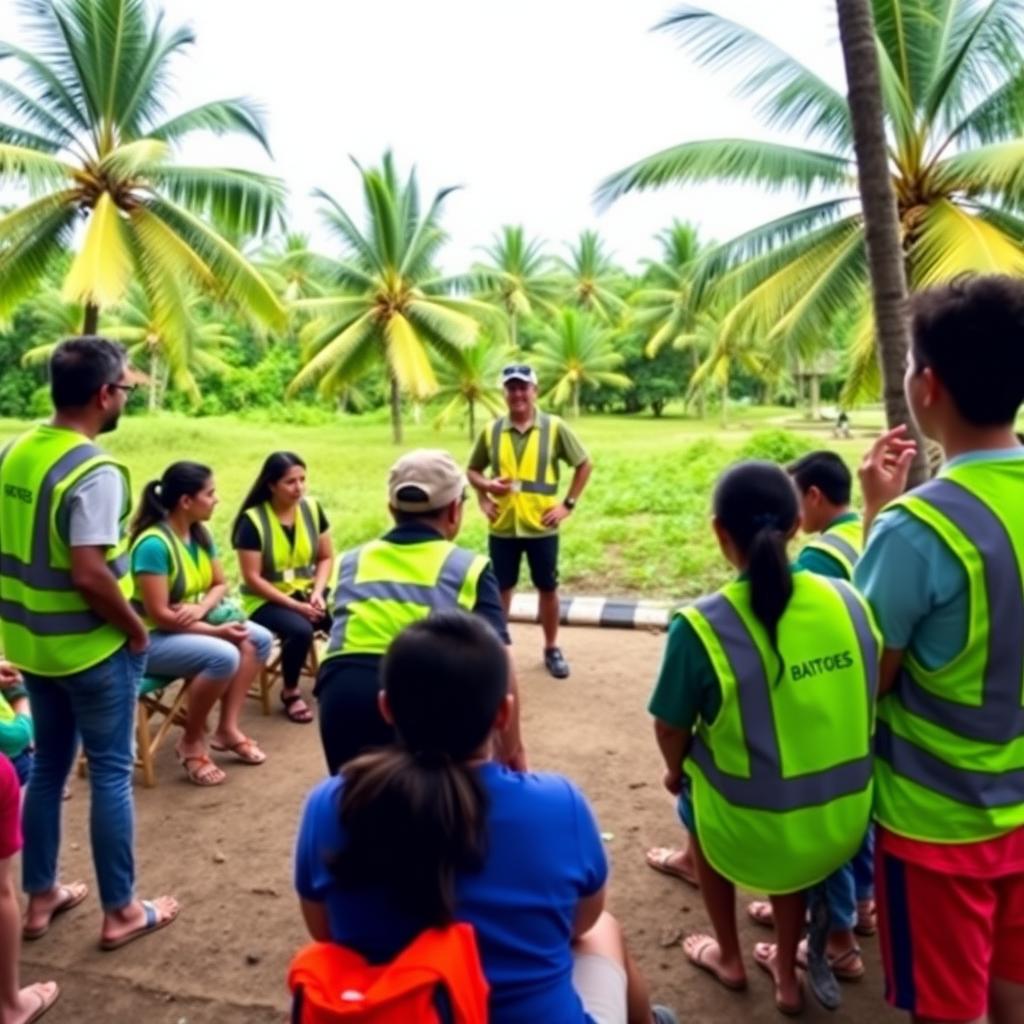 Volunteers in safety vests attending an orientation session in a tropical environment with palm trees.