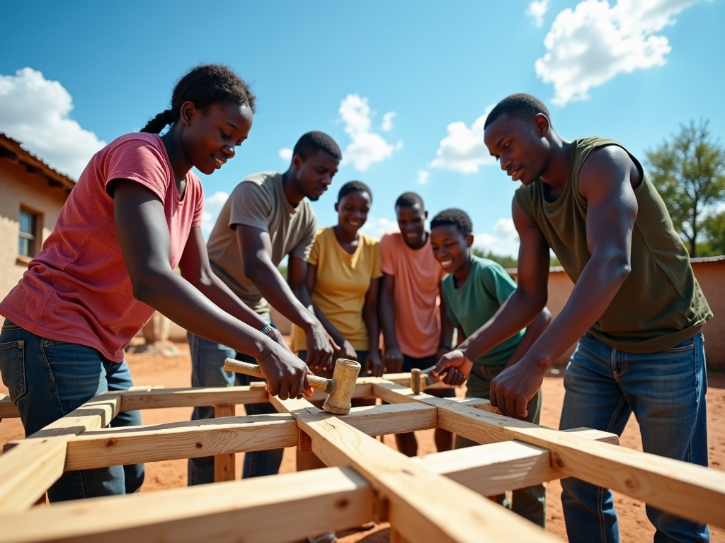 Community members and volunteers constructing a school