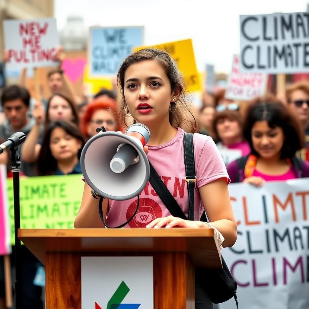 Young activist speaking at a climate march.