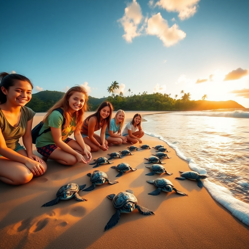 Volunteers releasing sea turtles on a Costa Rican beach