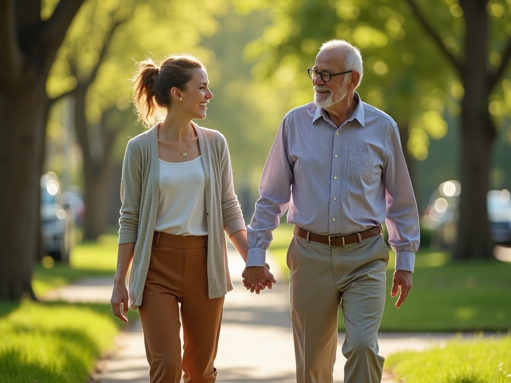 A smiling young woman assisting an elderly man on a walk.