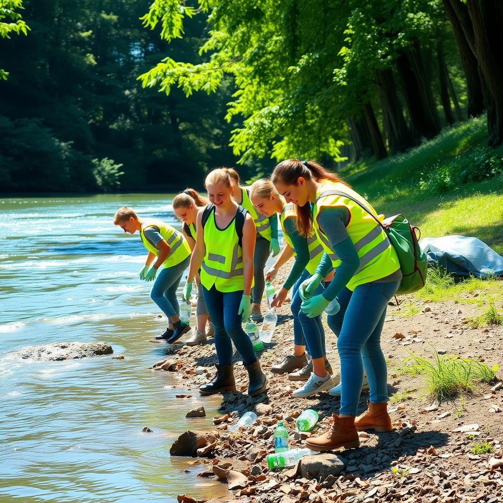 College students cleaning a riverbank with trees and water in the background.