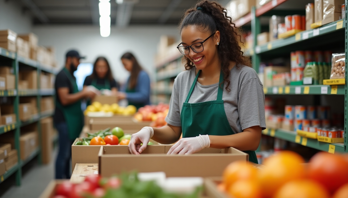 A college student packing food items at a community pantry, showing dedication and purpose.