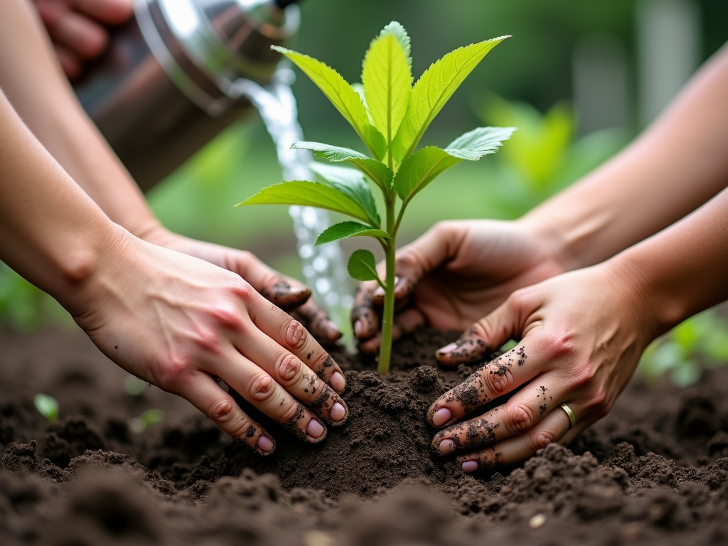 Hands planting a tree in a community garden.