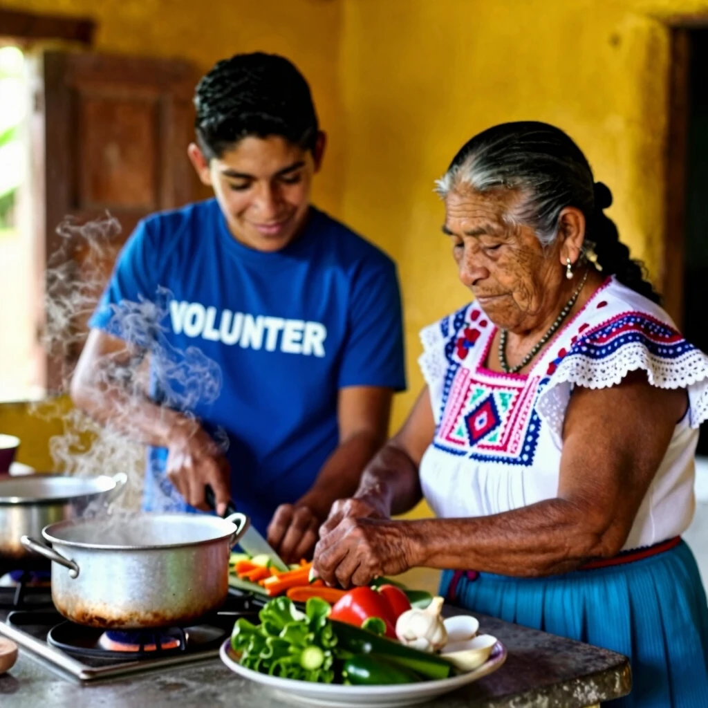 Volunteer learning traditional cooking from a host family in Latin America
