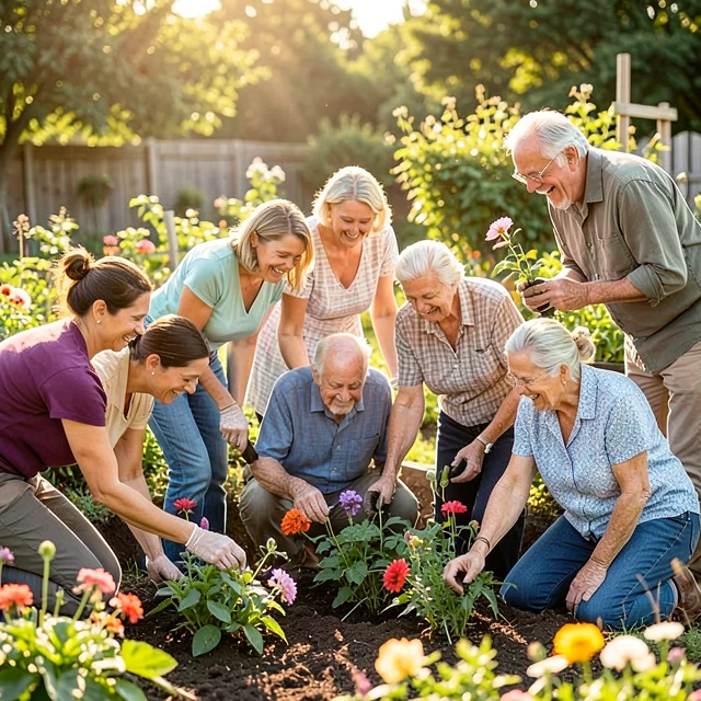 Diverse volunteers collaborating in a community garden project
