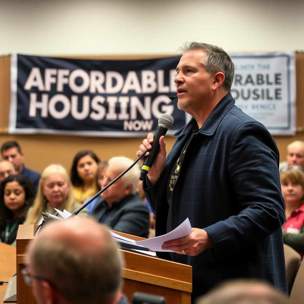 Volunteer advocating at a city council meeting for affordable housing