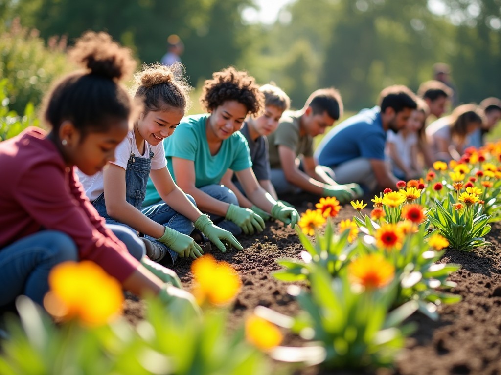 Team of volunteers engaged in a hands-on service learning project in a community garden.
