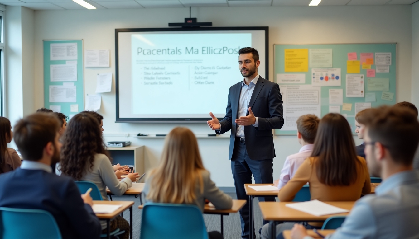 Classroom with diverse students attentively listening to an industry professional's presentation