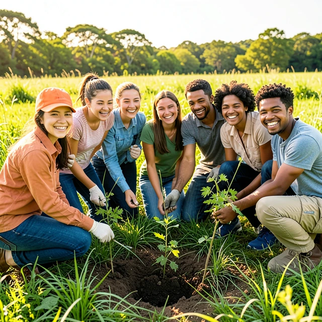 Diverse young volunteers planting trees together