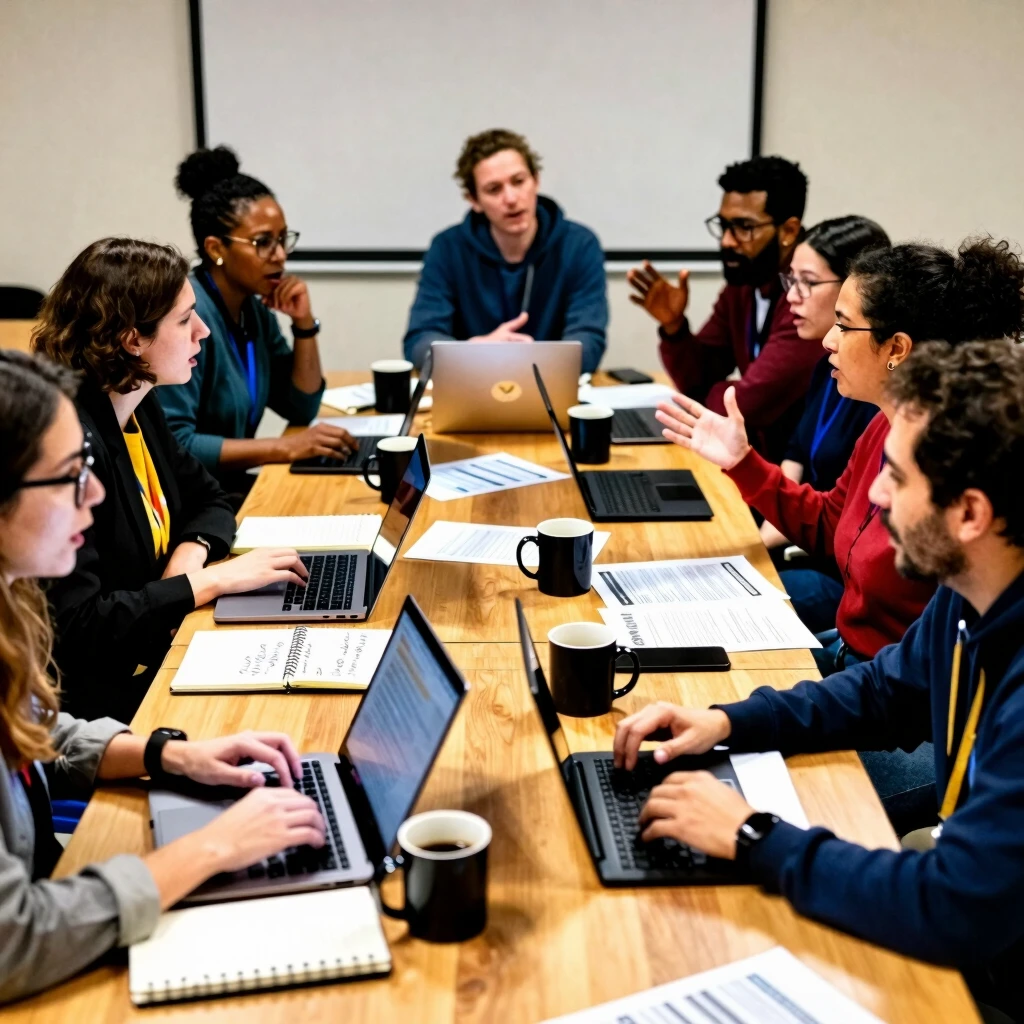 Group of activists planning an advocacy campaign around a table