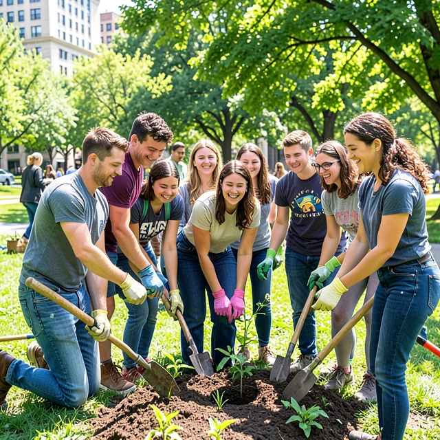 College students participating in volunteer tree planting project