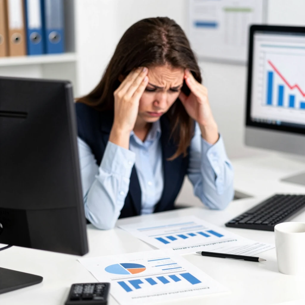 Stressed nonprofit worker reviewing funding challenges at desk