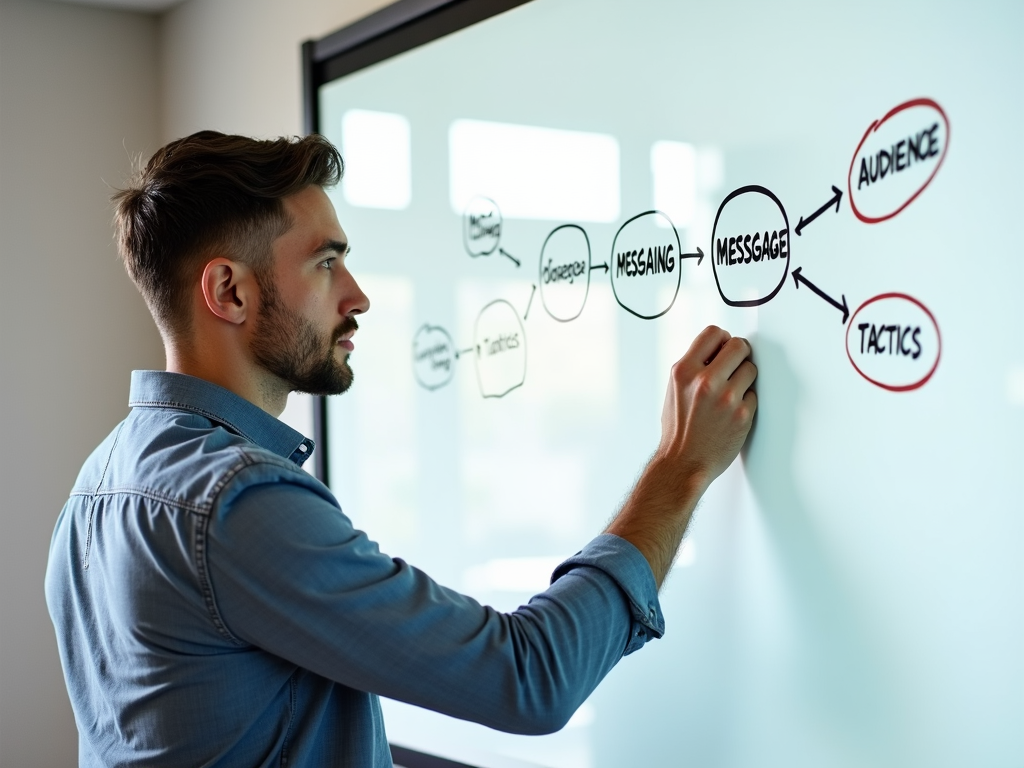 A person planning campaign strategies on a whiteboard.