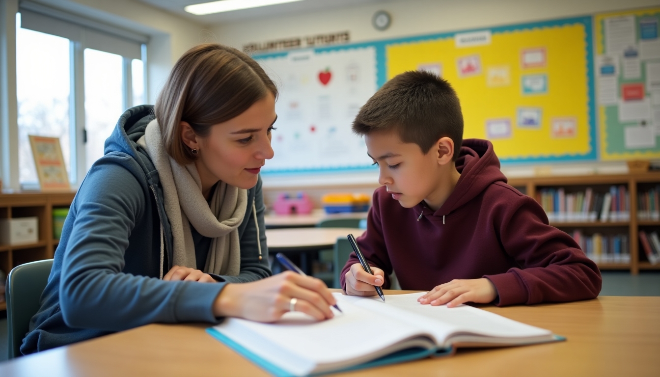 Volunteer providing one-on-one tutoring to a student, enhancing educational opportunities.