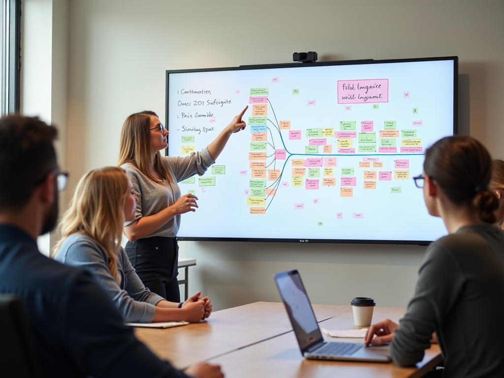 Volunteer leading team meeting with whiteboard