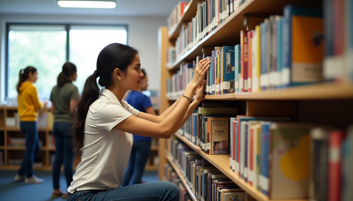 Volunteer and students organizing a school library.