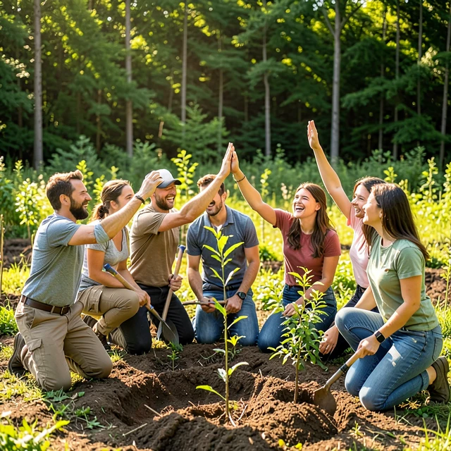 Eco-warriors volunteering together in a tree planting project for habitat restoration