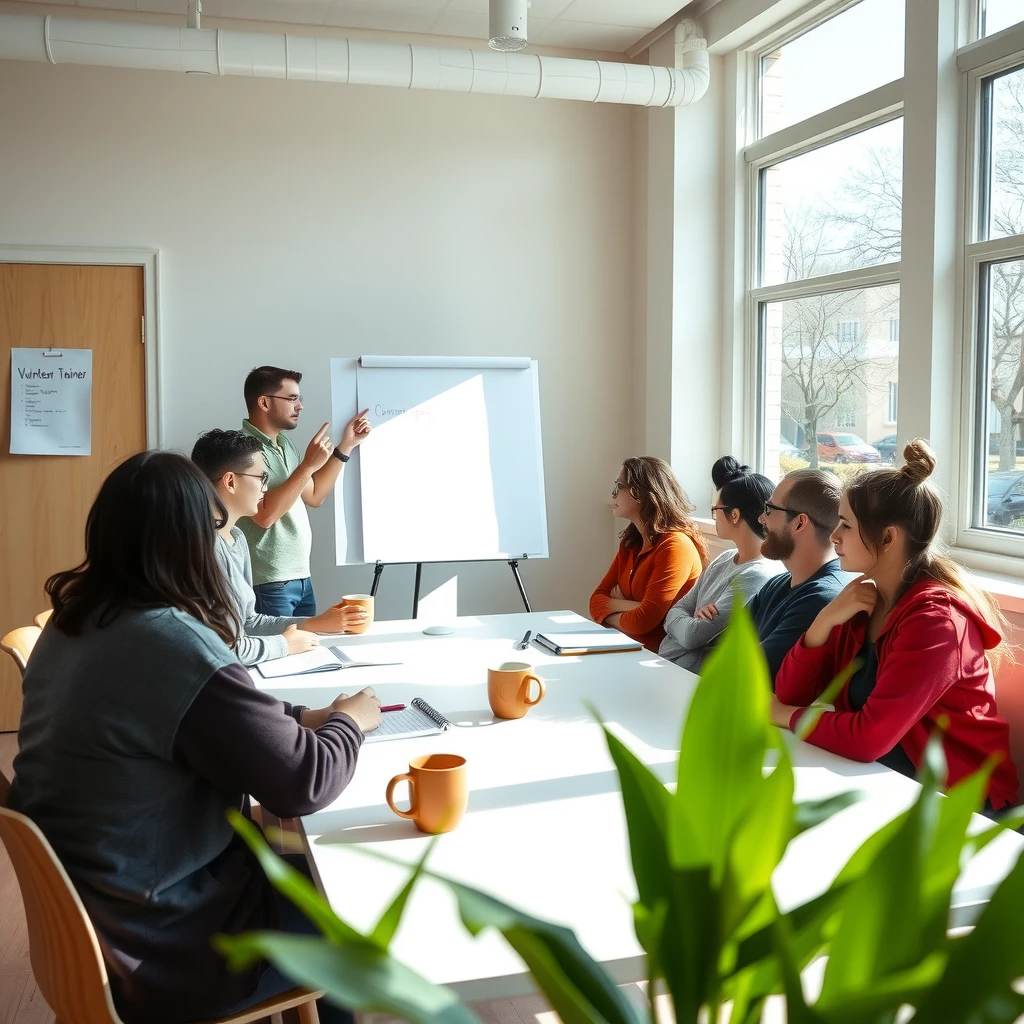 Facilitator leading an engaging volunteer training workshop in a welcoming space.
