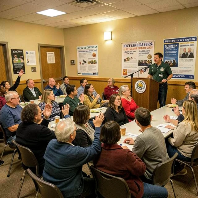 Diverse community members discussing issues at a civic engagement town hall