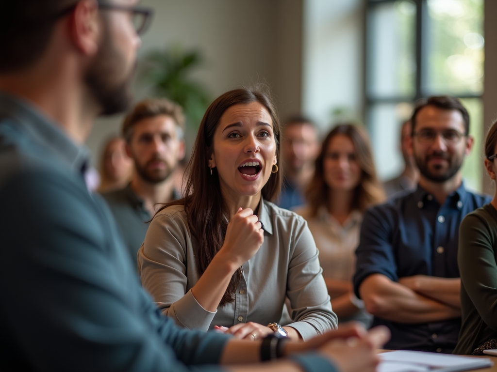 A close-up shot of a volunteer speaking passionately to an audience