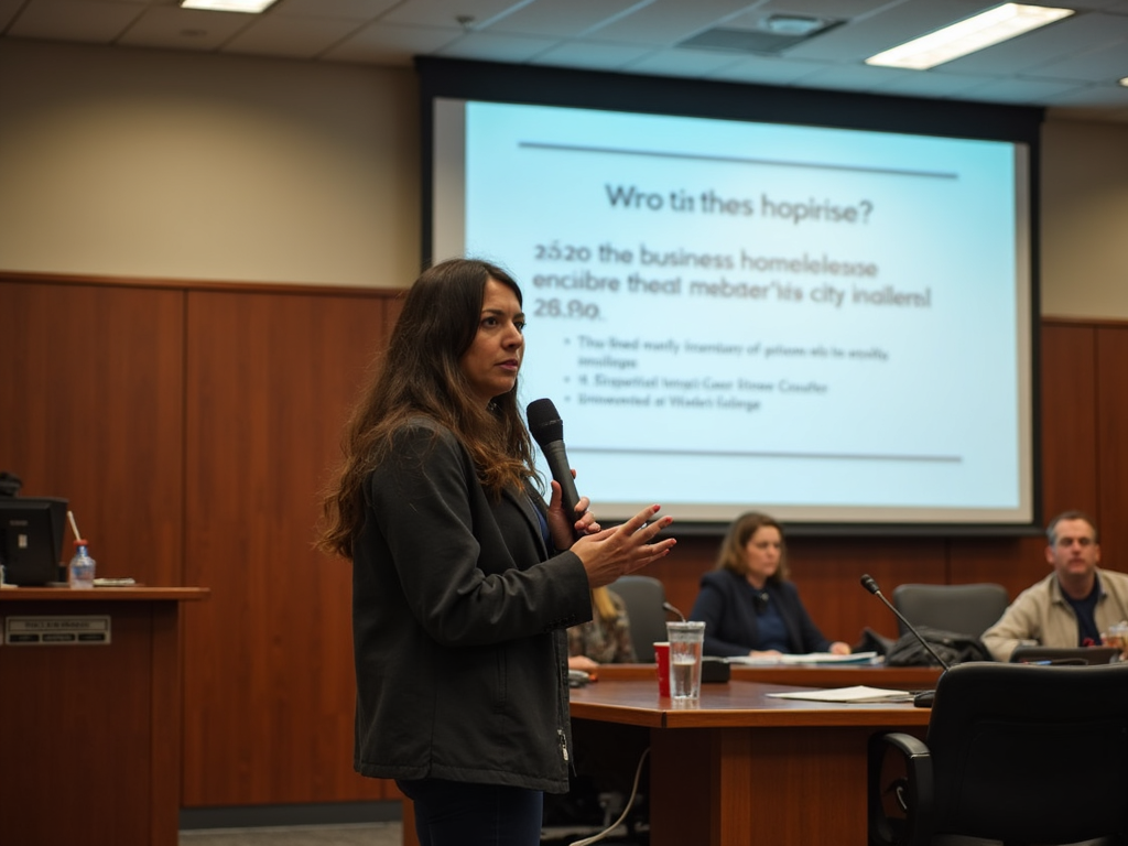 Volunteer advocating for policy change at a city council meeting.