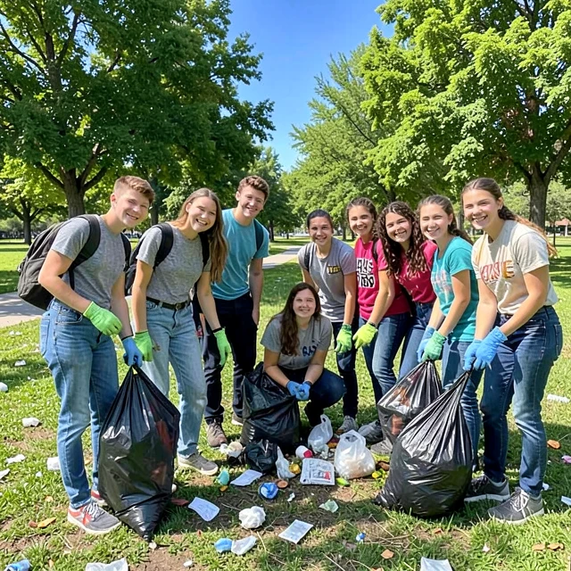 High school students participating in a community park cleanup volunteer event